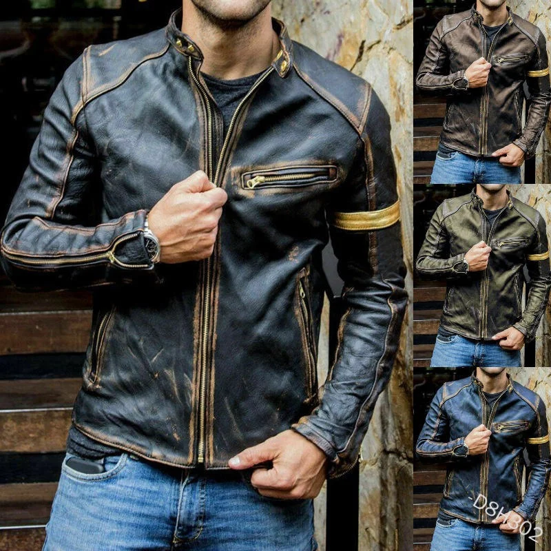 Simple Styles Men Vintage Stand Collar Zipper Riding Cardigan Jacket Motorcycle Casual Leather Jacket | D8H302