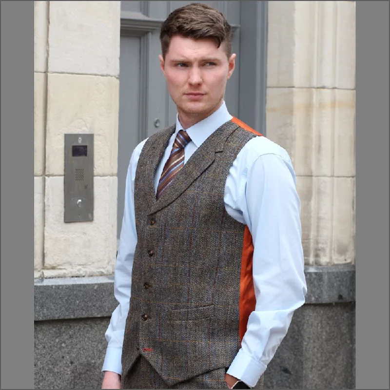 Sporty Jackets Harris Tweed Brown, Blue Herringbone Waistcoat--