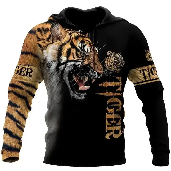 Work Boots Men's Winter Tiger 3D Print Jumper Casual Sweatshirts Digital Printing Pullover Hoodies