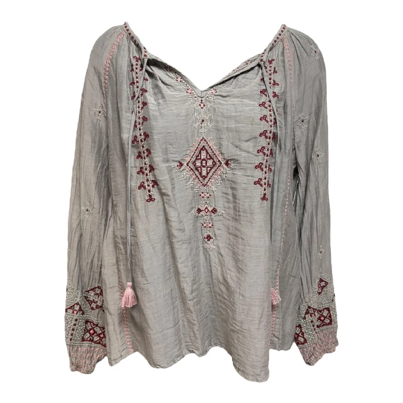 Street Tees Silk Blend Embroidered Blouse Designer By Johnny Was In Grey, Size: Xs