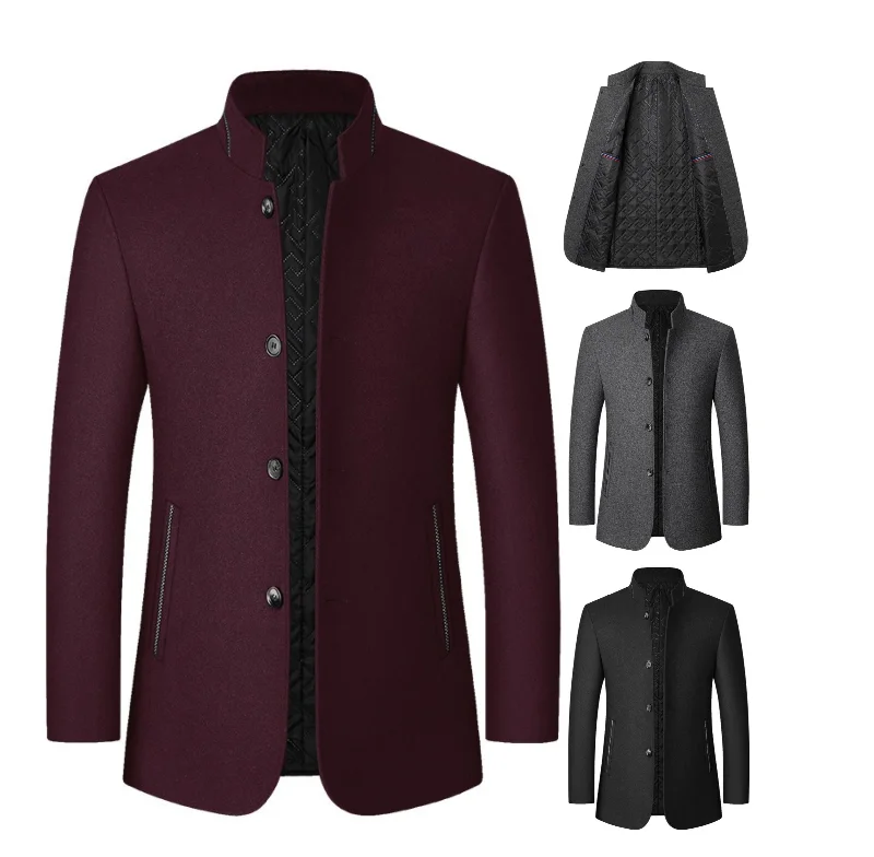 Comfortable Outfits Men Stand Collar Long Sleeves Solid Color Daily Casual Woolen Jacket | J2105