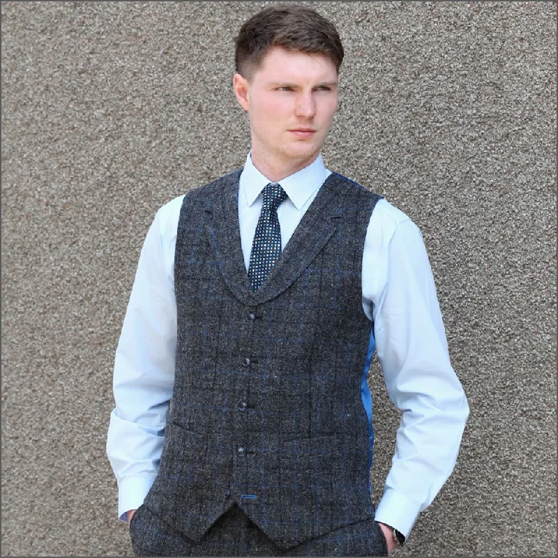 Light Jackets Harris Tweed Grey Marl with Blue Over Check Waistcoat--