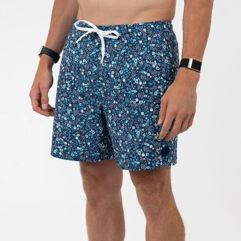 Urban Comfort Medley Swim Trunk | The Floral Oasis - Fleet Navy