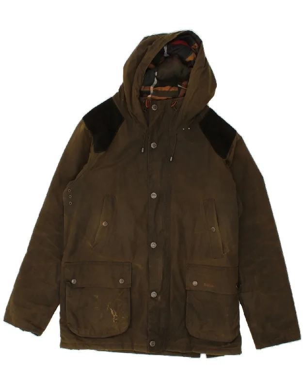 Everyday Wear BARBOUR Mens Hooded Waxed Jacket UK 38 Medium Khaki Colourblock Cotton