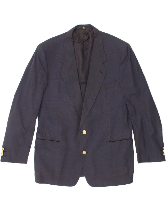 Effortless Style VALENTINO Mens 2 Button Blazer Jacket IT 52 XL Navy Blue Check Cotton