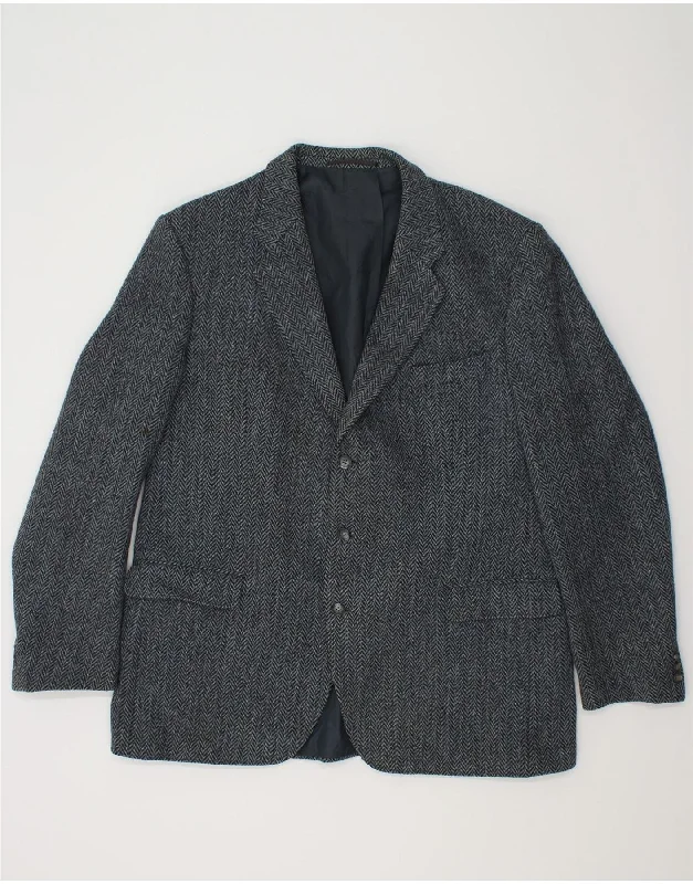 Bomber Jackets HARRIS TWEED Mens 3 Button Blazer Jacket UK 40 Large Navy Blue Herringbone