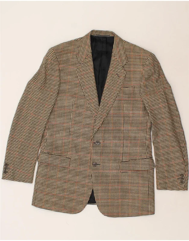 Fleece Jackets VINTAGE Mens Slim 2 Button Blazer Jacket IT 50 Large Beige Houndstooth