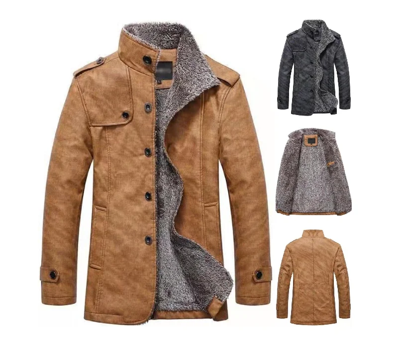 Outdoor Wear Men's Winter Warm Leather Coat Parka Fleece Jacket Trench Slim Jacket Coat | ZQBA227