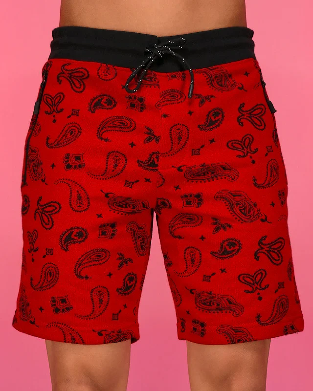 Casual Hoodies Red Paisley Fleece Shorts