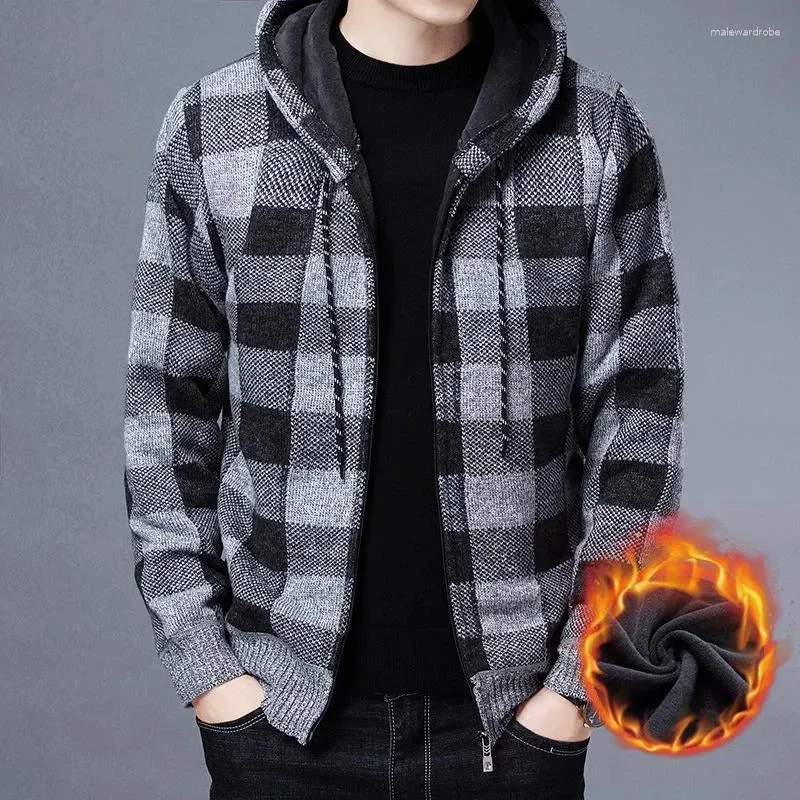 Trendy Joggers Men's Winter Casual Coat Hooded Knit Outwear Plaid Sweater Full Zipper Cardigan Jackets