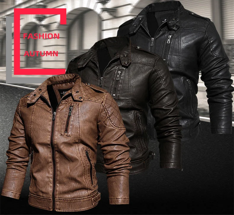 Trendy Comfort Leather Jacket Men's Standing Collar Washed PU Leather Jacket Nostalgia | 8899