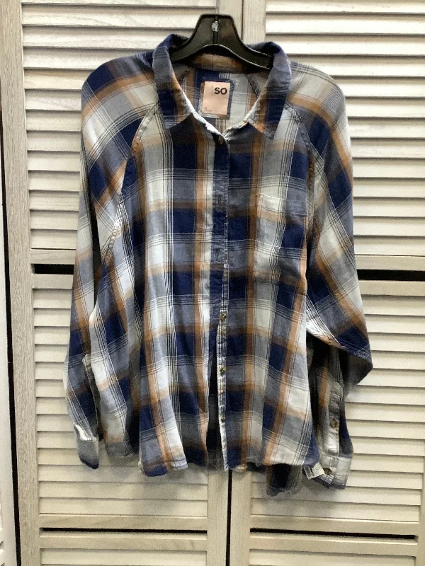 Versatile Style Top Long Sleeve By So In Plaid Pattern, Size: 1x