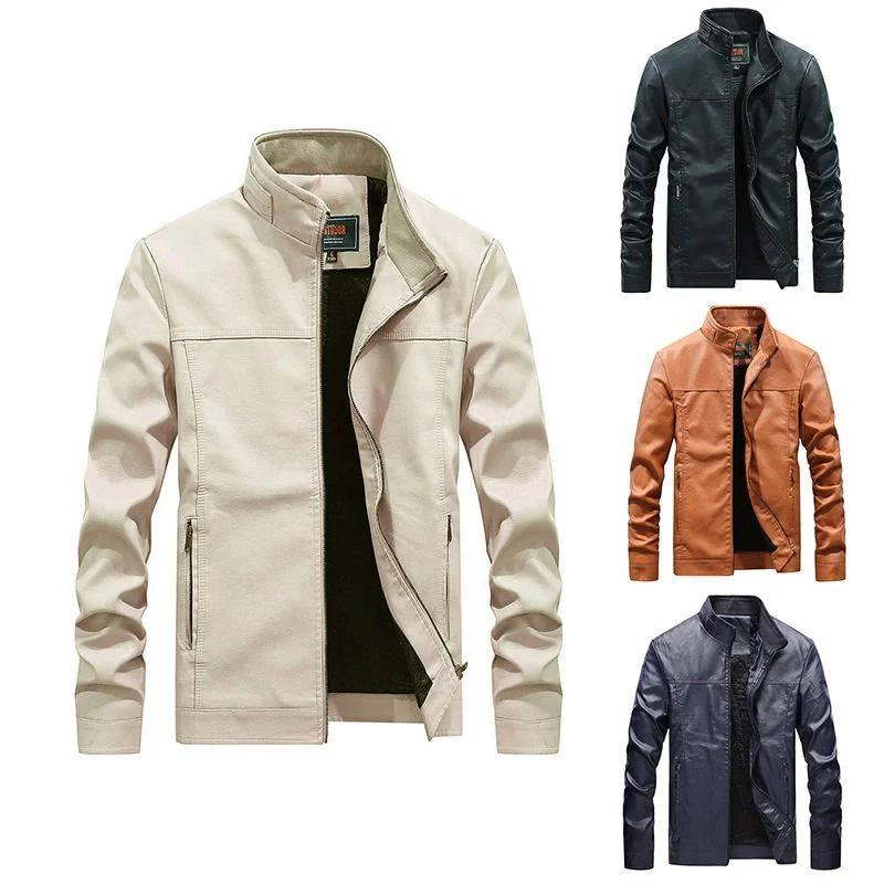 Everyday Wear Men Stand Collar PU Leather Solid Colors Vintage Motorcycle Zipper Jackets | M707