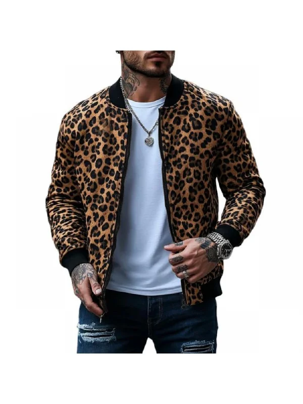 Work Boots Colorblock Leopard Zipper Bomber Jacket