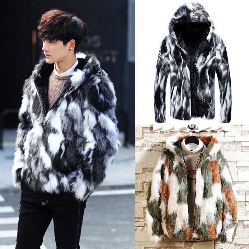 Designer Scarves Warm Faux Fur Coat Hooded Fleece Lined Jacket Zip Parka for Men | B288-MJ046