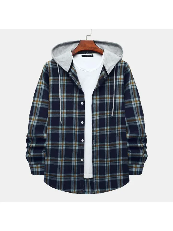 Sporty Jackets Plaid Hooded Cotton Shirts