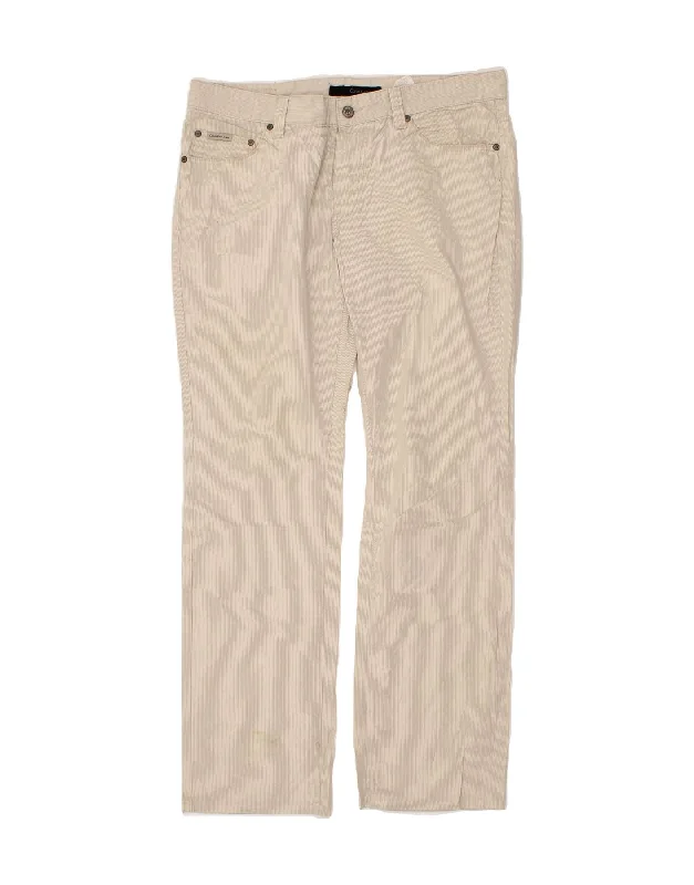 Hipster Style CALVIN KLEIN Mens Straight Casual Trousers W33 L31 Beige Pinstripe Cotton