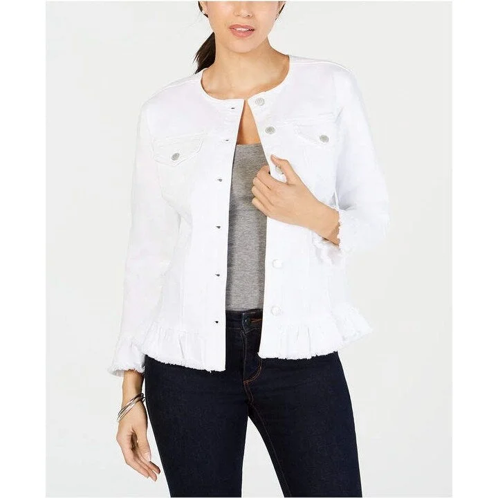 Fleece Jackets Charter Club Women's Frayed Peplum-Hem Denim Jacket White Size Large