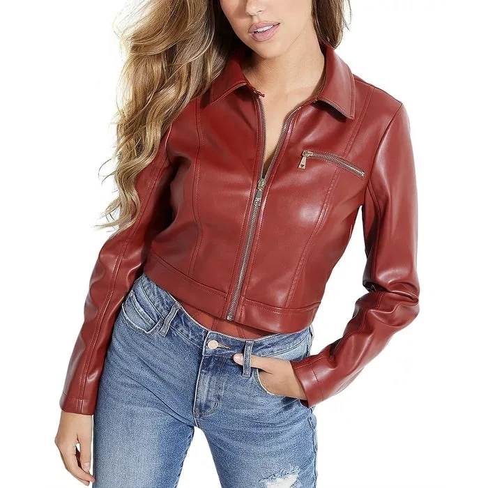 Premium Comfort Guess Cella Women's Cropped Faux-Leather Jacket Red Size Extra Large - X-Large