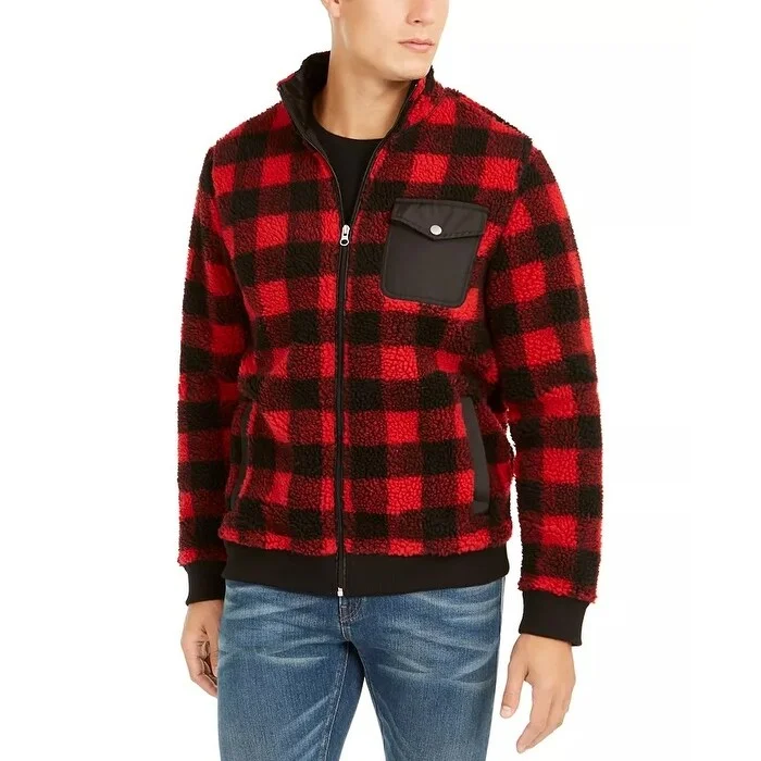 Comfy Apparel Club Room Men's Full Zip Plaid Sherpa Jacket Red Size Large