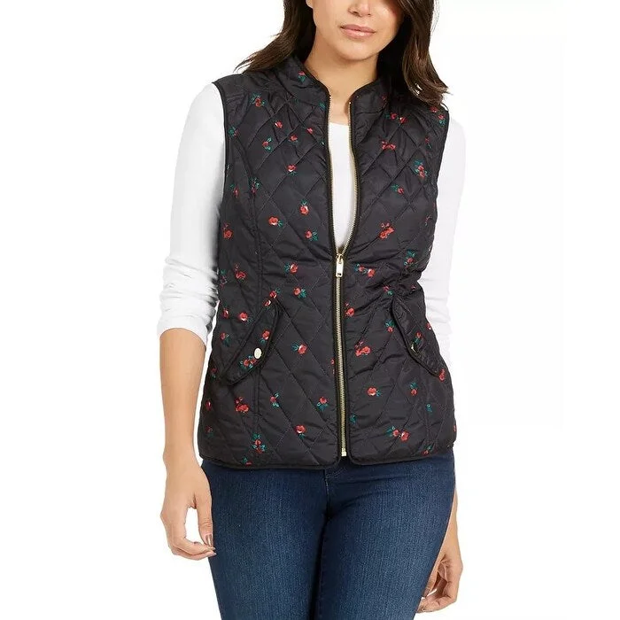 Hipster Style Charter Club Women's Floral-Print Quilted Vest Black Size XX-Large