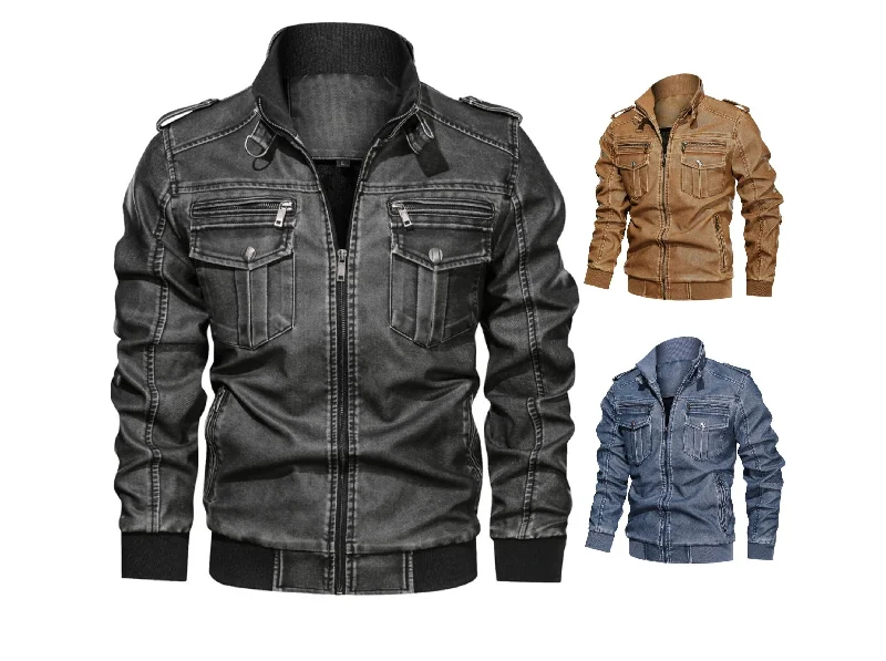 Cool Comfort Men PU Leather Stand Collar Solid Zipper Outdoor Casual Tops Coat Jacket | 833