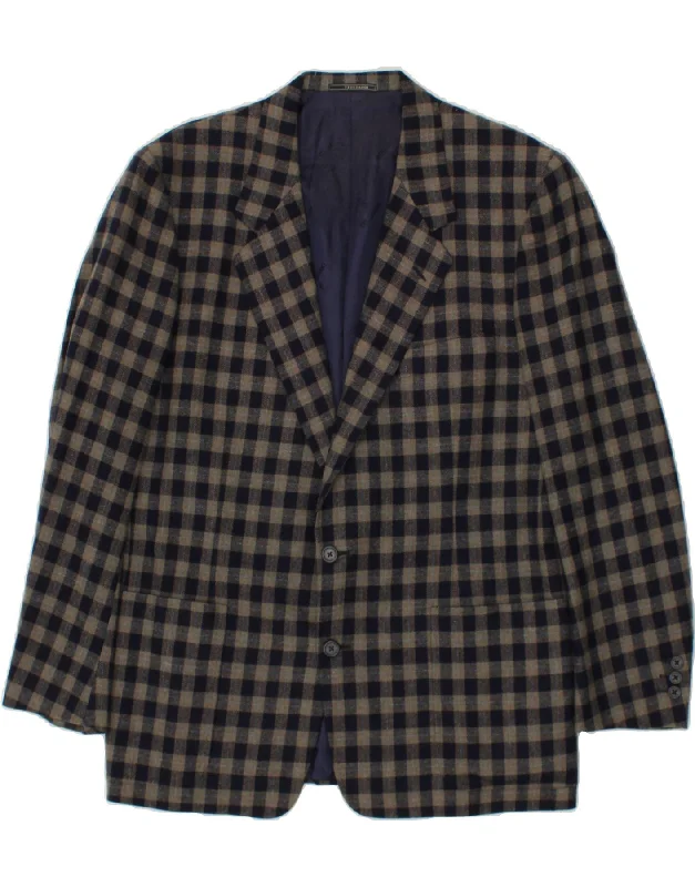 Casual Outfit TRUSSARDI Mens 2 Button Blazer Jacket IT 52 XL Navy Blue Check Virgin Wool