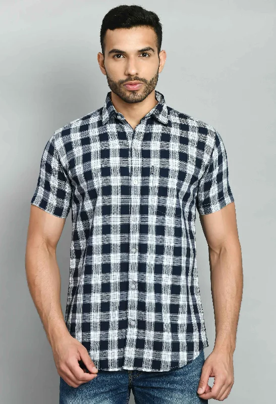 Printed Scarves Men's White Blue Checked Shirt