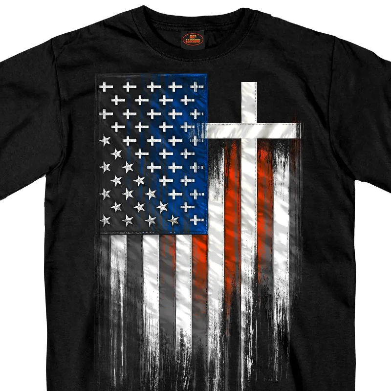 Casual Cardigans Hot Leathers GMS1466 Men's American Flag Crosses Black T-Shirt