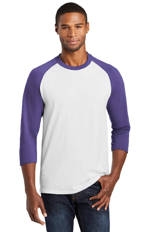 Street Hoodies Port & Company Mens Core Moisture Wicking 3/4 Sleeve Crewneck T-Shirt - White/Purple