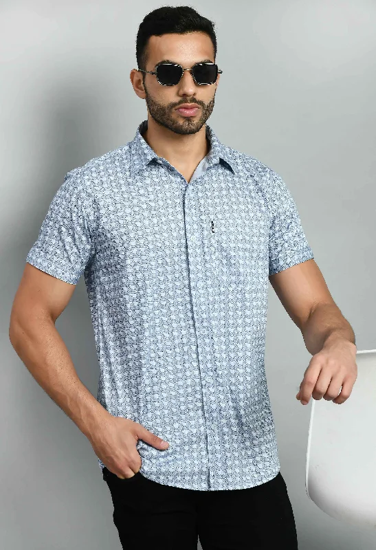 Lounge Wear Men's Printed Sky Blue Short Sleeve Shirt