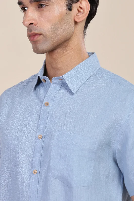 Outdoor Wear MARK Short Sleeves - 100% Pure Linen Regular Collar Light Blue Grey Shirt