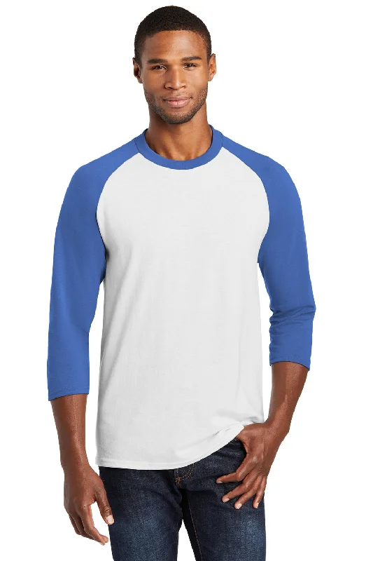 Casual Outfit Port & Company Mens Core Moisture Wicking 3/4 Sleeve Crewneck T-Shirt - White/Royal Blue