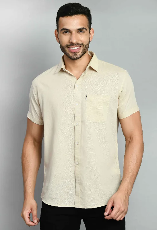 Graphic Caps Plain Beige Linen Half Sleeve Shirt