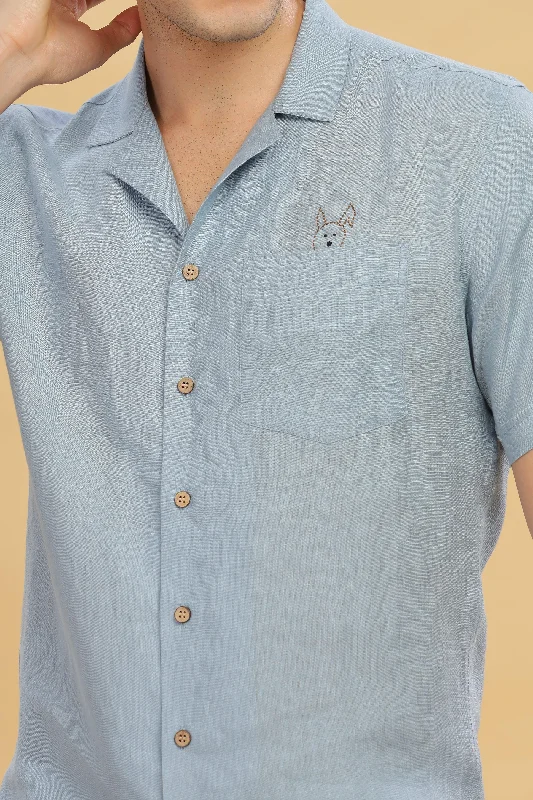 Casual Comfort RIO - Embroidered 100% Pure Linen Cuban Collar Light Blue Grey Shirt