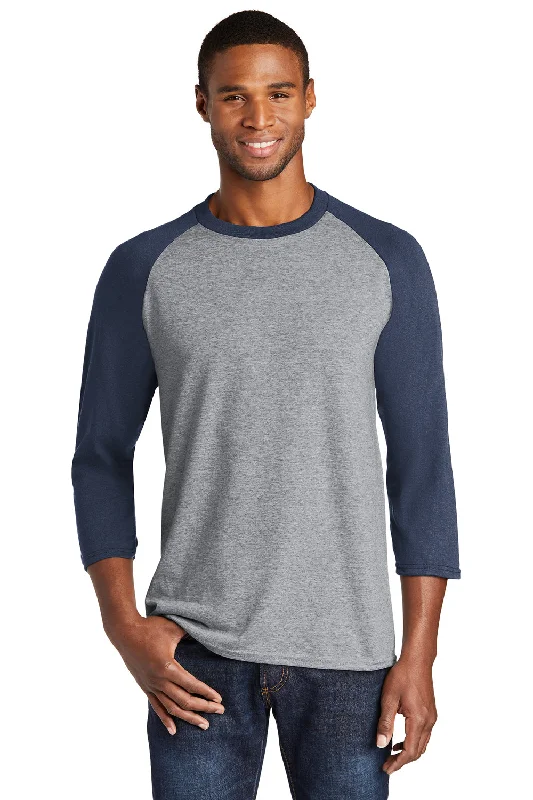 Streetwear Look Port & Company Mens Core Moisture Wicking 3/4 Sleeve Crewneck T-Shirt - Heather Grey/Navy Blue