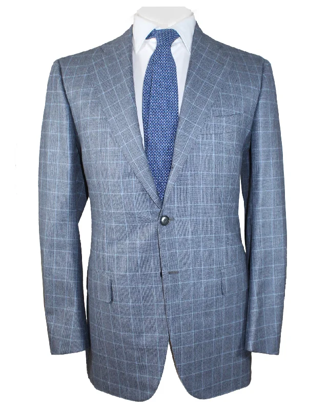 Lightweight Coats Cesare Attolini Wool Suit Gray Blue Plaid EU 50/ US 40