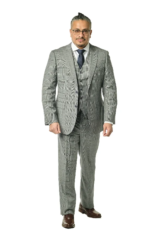 Light Jackets Modern Fit Grey Prince of Wales Three Piece Suit B-3P-20F5