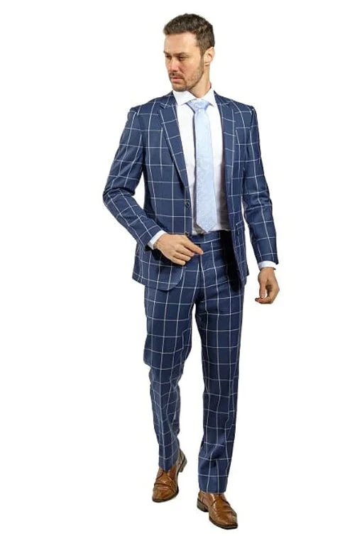 Effortless Style Slim Fit Blue Windowpane Two Piece Suit GB-315