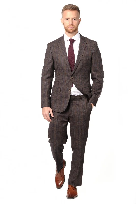 Fleece Jackets Slim Fit Brown Check Two Piece Suit GB-330