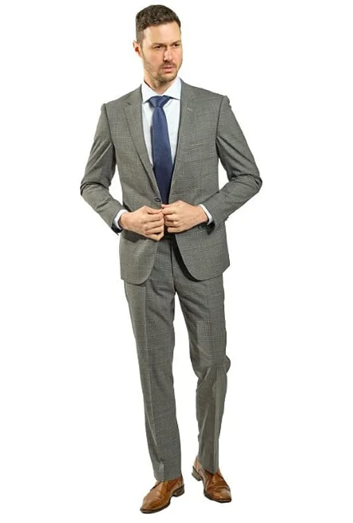 Wool Pants Slim Fit Grey Plaid With Blue Detail Two Piece Suit GB-REDA-19