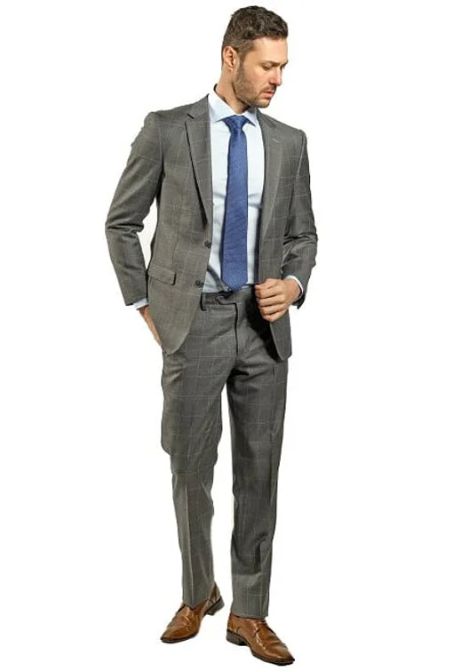 Street Tees Slim Fit Grey Windowpane With Blue Detail Two Piece Suit GB-VBC-23