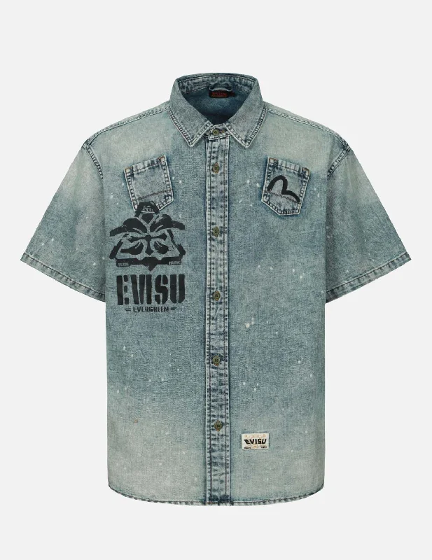 Varsity Jackets Faded-Washed Multi-Print Loose Fit Denim Shirt