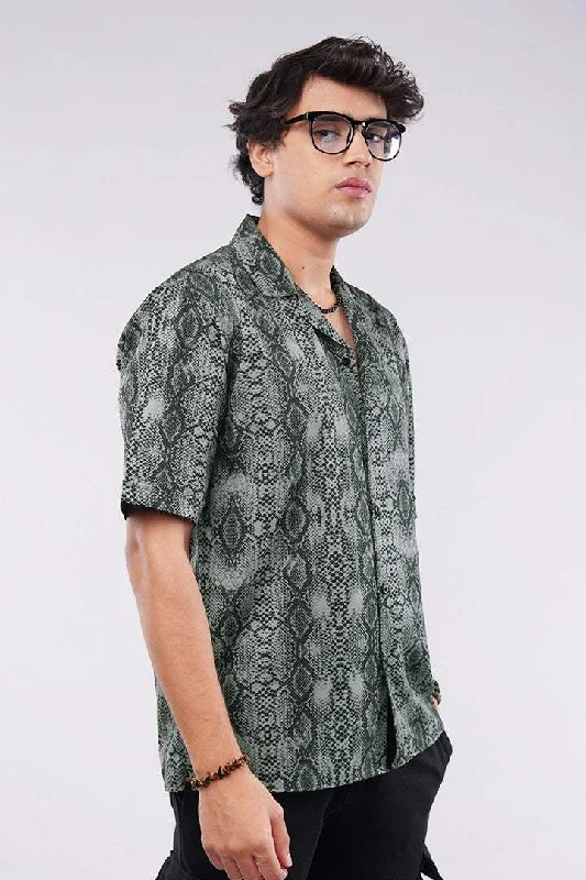 Techwear Fashion Python Printed Cuban Shirt - Green