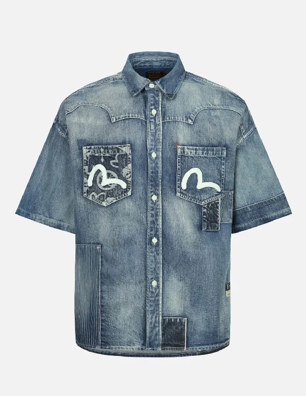 Rugged Jackets Seagull Print and Multi-Patches Loose Fit Denim Shirt