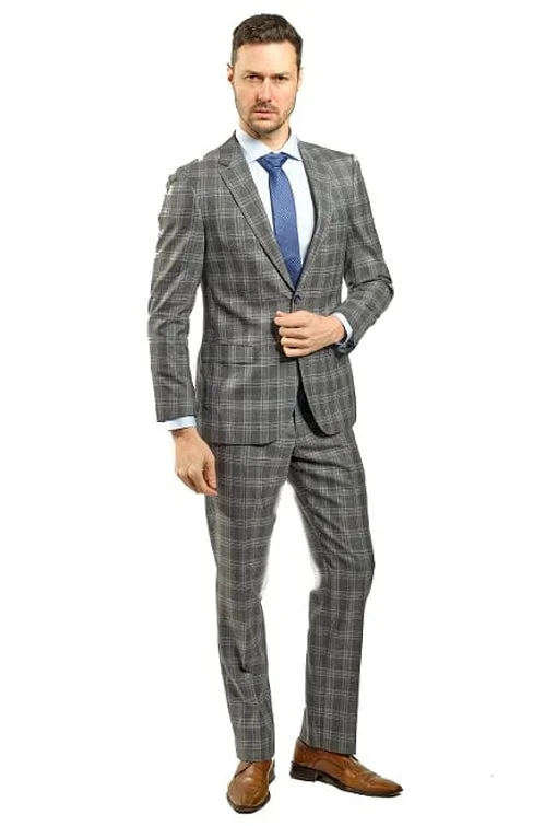 Leather Pants Slim Fit Grey Plaid Two Piece Suit GB-VBC-22