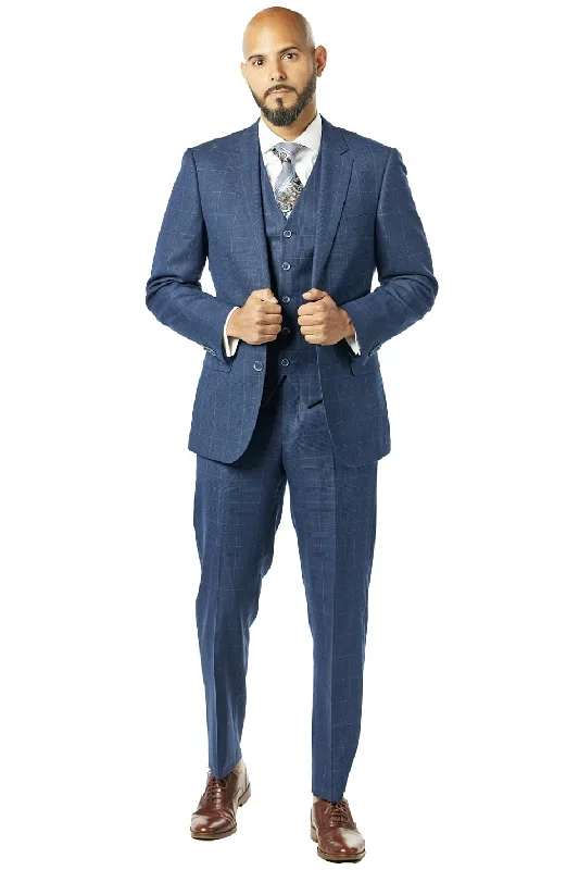 Premium Comfort Slim Fit Navy Check Three Piece Suit GB-3P-323