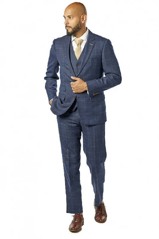 Soft Layers Slim Fit Navy Gold Windowpane Three Piece Suit GB-3P-322