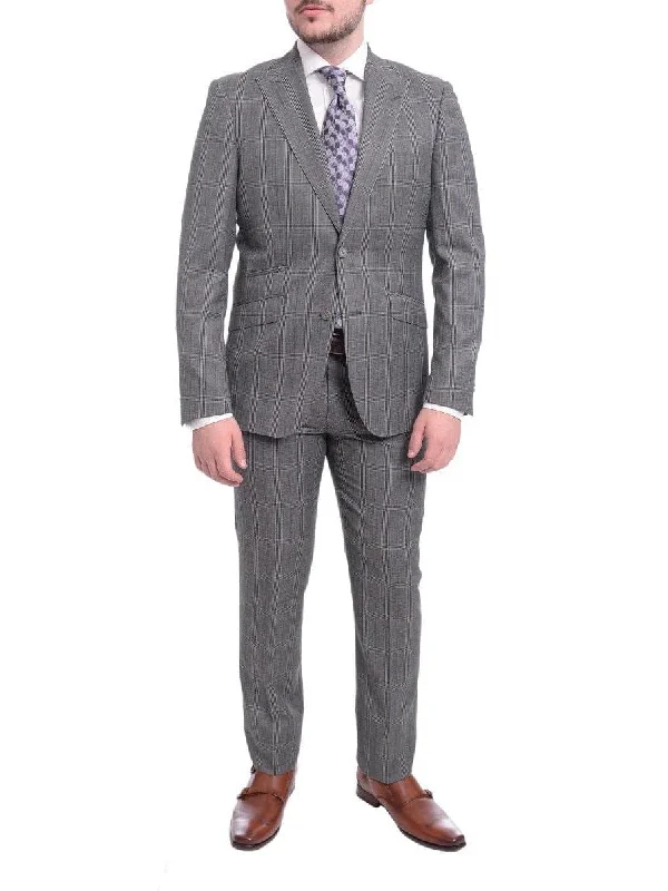 Casual Wear Ideal Slim Fit Gray Plaid Two Button Wool Suit With Peak Lapels