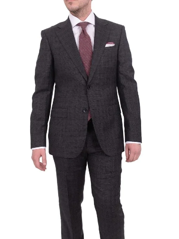 Relaxed Fit Napoli Classic Fit Charcoal Gray Plaid Two Button Wool Suit